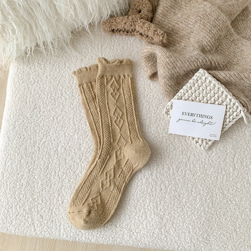 Autumn And Winter Thickening Diamond-shaped Milk Curry Color System Wool Mid-thigh Socks