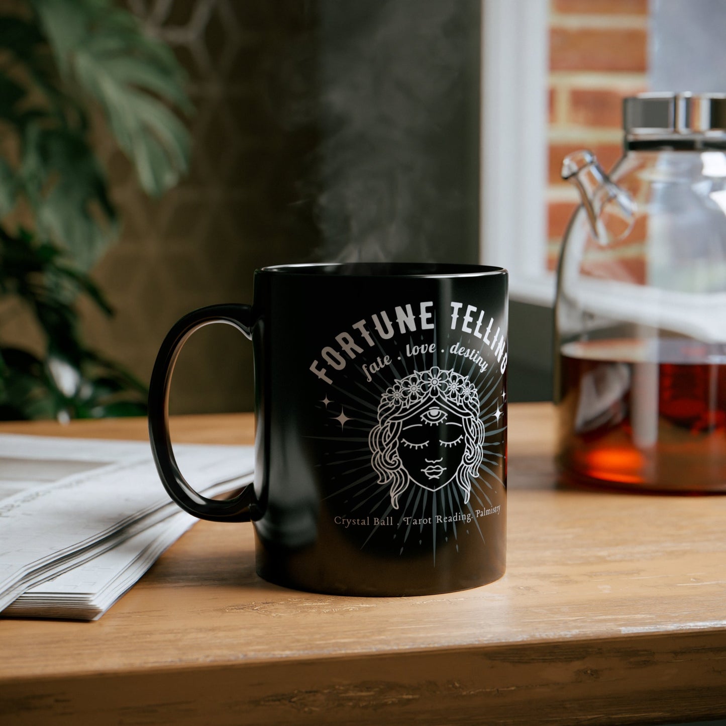 Fortune Telling 11oz Black Mug, Mystical Coffee Mug, Psychic Graphic Design, Crystals, Tarot, Palmistry