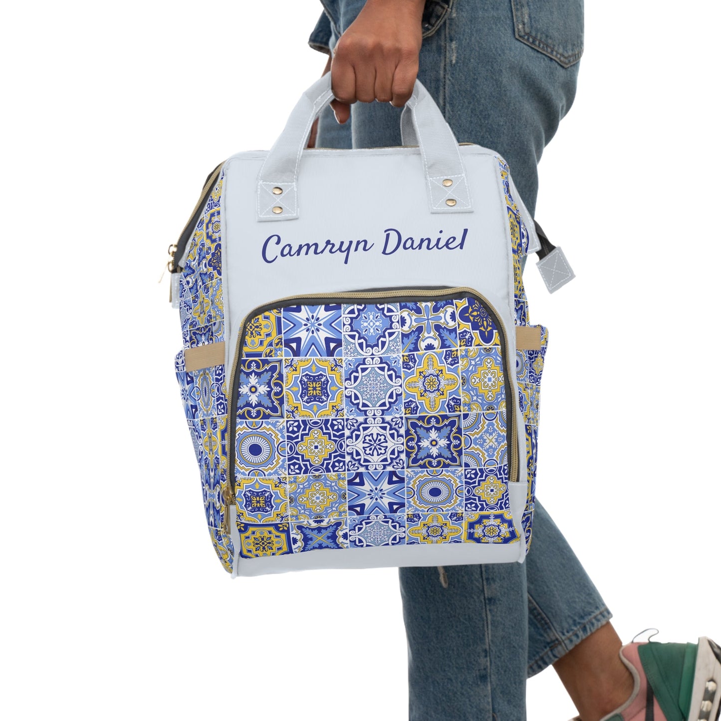 Personalized Blue Moroccan Tile Pattern Multifunctional Diaper Backpack, Newborn Gift, Baby Shower Gift, Patchwork Backpack