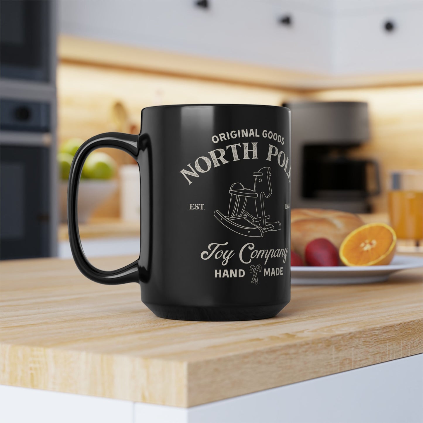 Christmas Black Mug, 15oz, North Pole Toy Company Mug, Edgy Christmas Hot Chocolate Mug