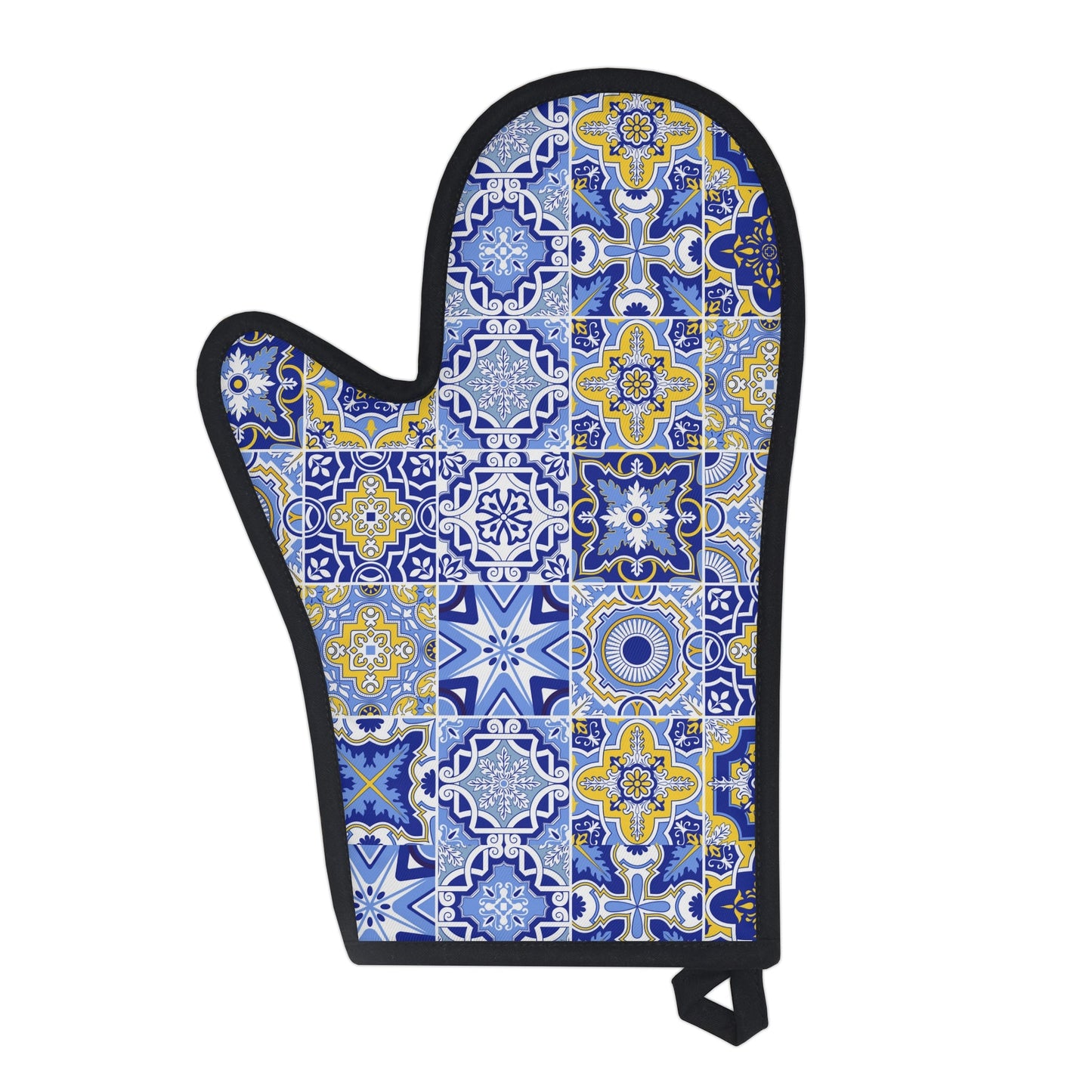 Blue and Yellow Moroccan Tile Oven Glove, Blue Patchwork Print Oven Glove, Moroccan Oven Glove