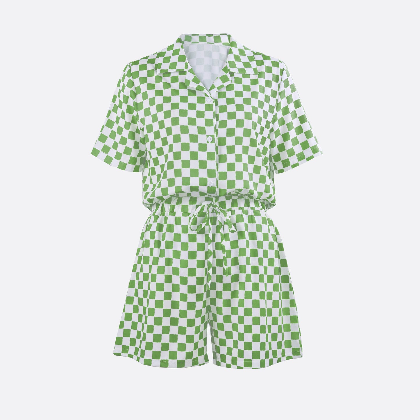 Green Checkered Shirt Shorts Vacation Casual Suit