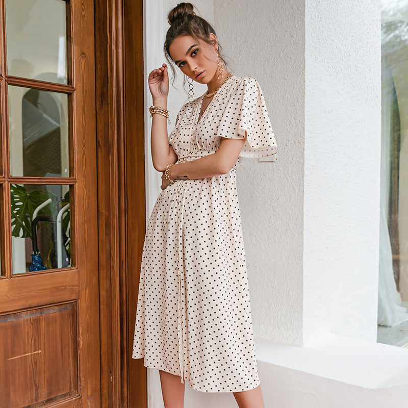 Split Polka Dot V-Neck Short-Sleeved A-Line Skirt