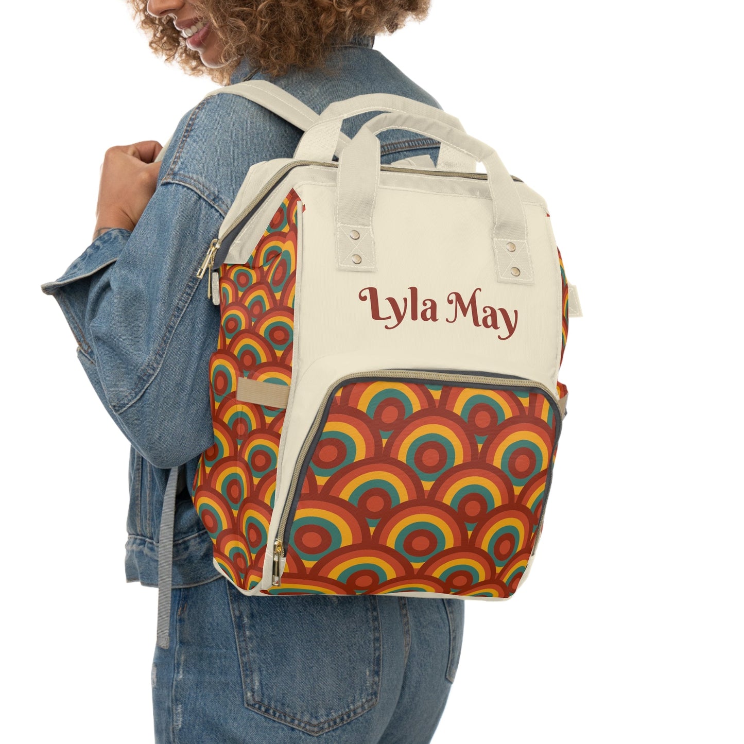 Personalized 70s Inspired Retro Print Pattern Multifunctional Diaper Backpack, Newborn Gift, Baby Shower Gift, Retro Backpack