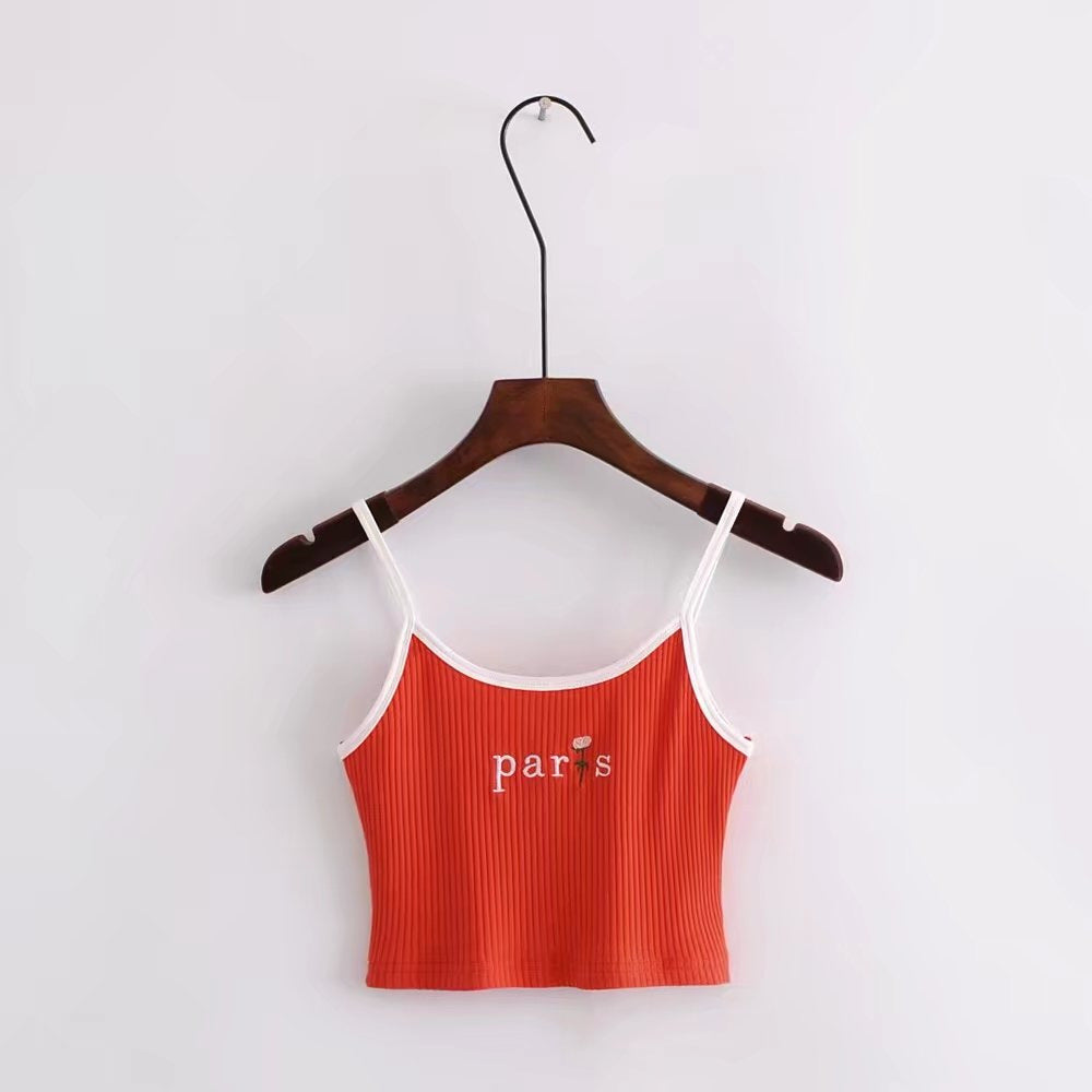 Paris Embroidered Cropped Tank Top Slim Fit