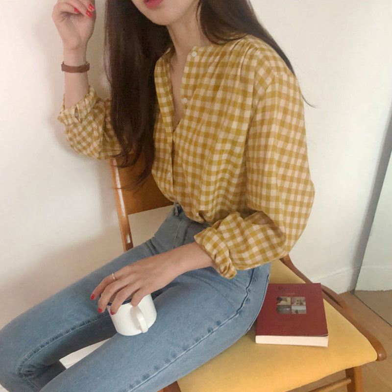 Girl Yellow Gingham Versatile Fashion Simple Loose Plaid Single Breasted Shirt