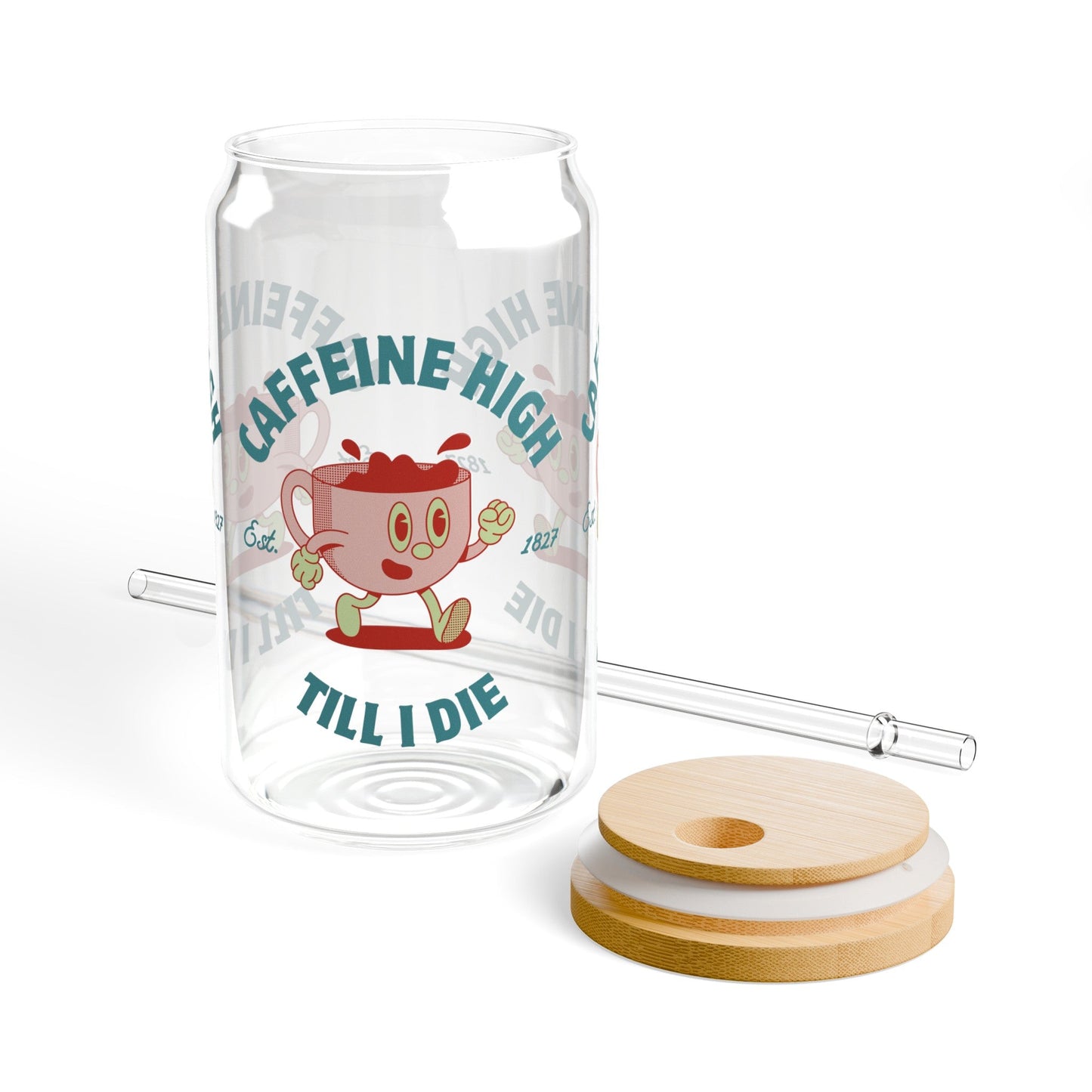 Caffeine High Till I Die Cartoon Iced Coffee Cup Sipper Glass, 16oz