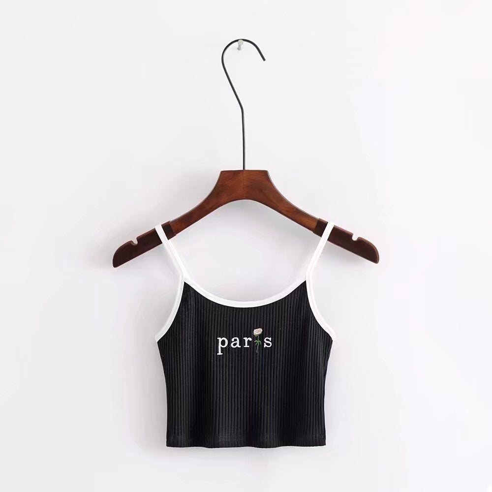 Paris Embroidered Cropped Tank Top Slim Fit