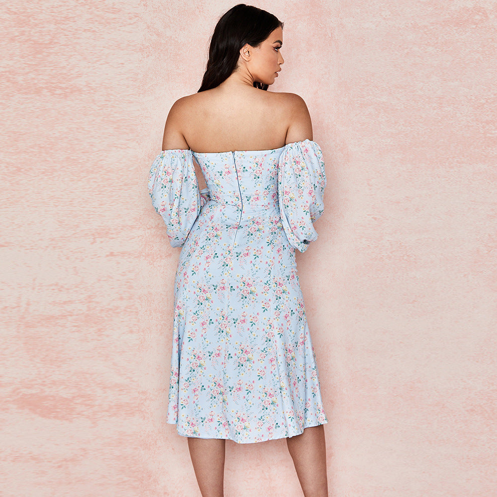 Floral Wrapped Chest Puff Sleeve Button Slim Dress