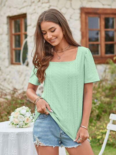 Eyelet Square Neck Short Sleeve Blouse