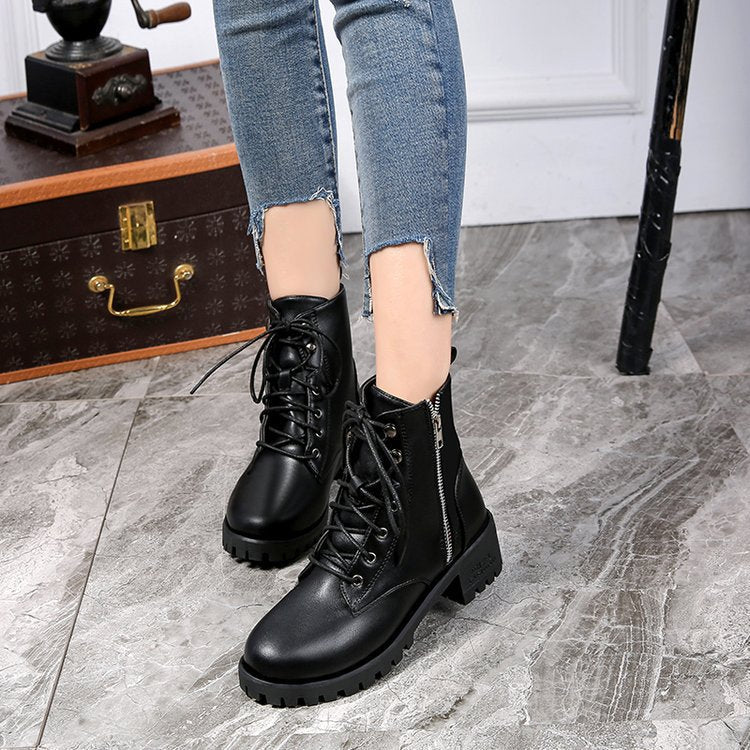 Women's Leather Boots High Top Women's Single Shoes Black Leather Boots