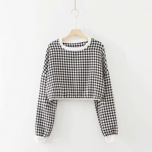 Hounds tooth Crew Neck Loose Cropped Pattern Sweater