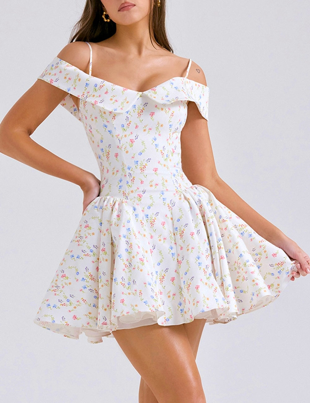 White Floral Print Off-Shoulder Mini Dress