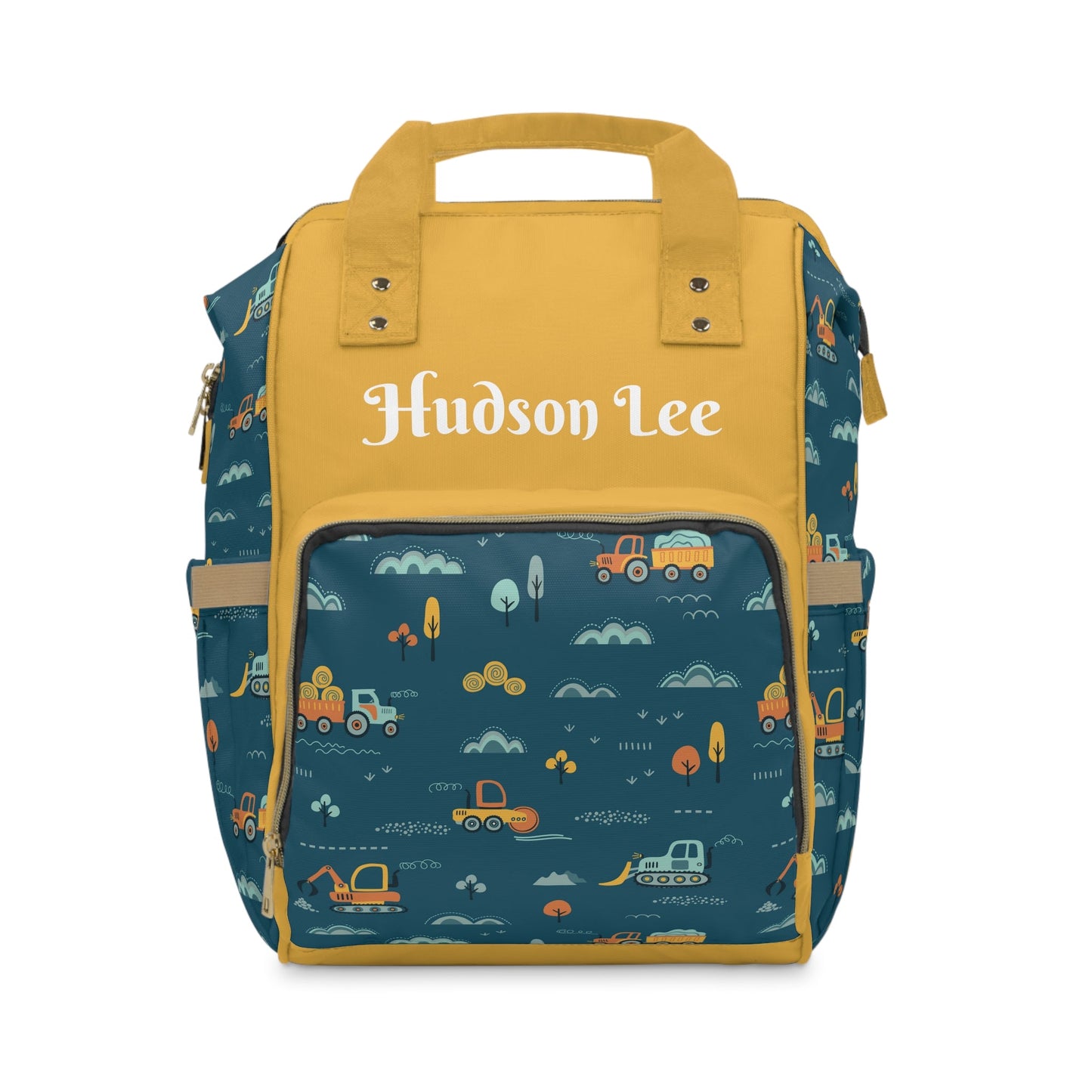 Personalized Construction Trucks Print Pattern Multifunctional Diaper Backpack, Newborn Gift, Baby Shower Gift, Trucks Backpack