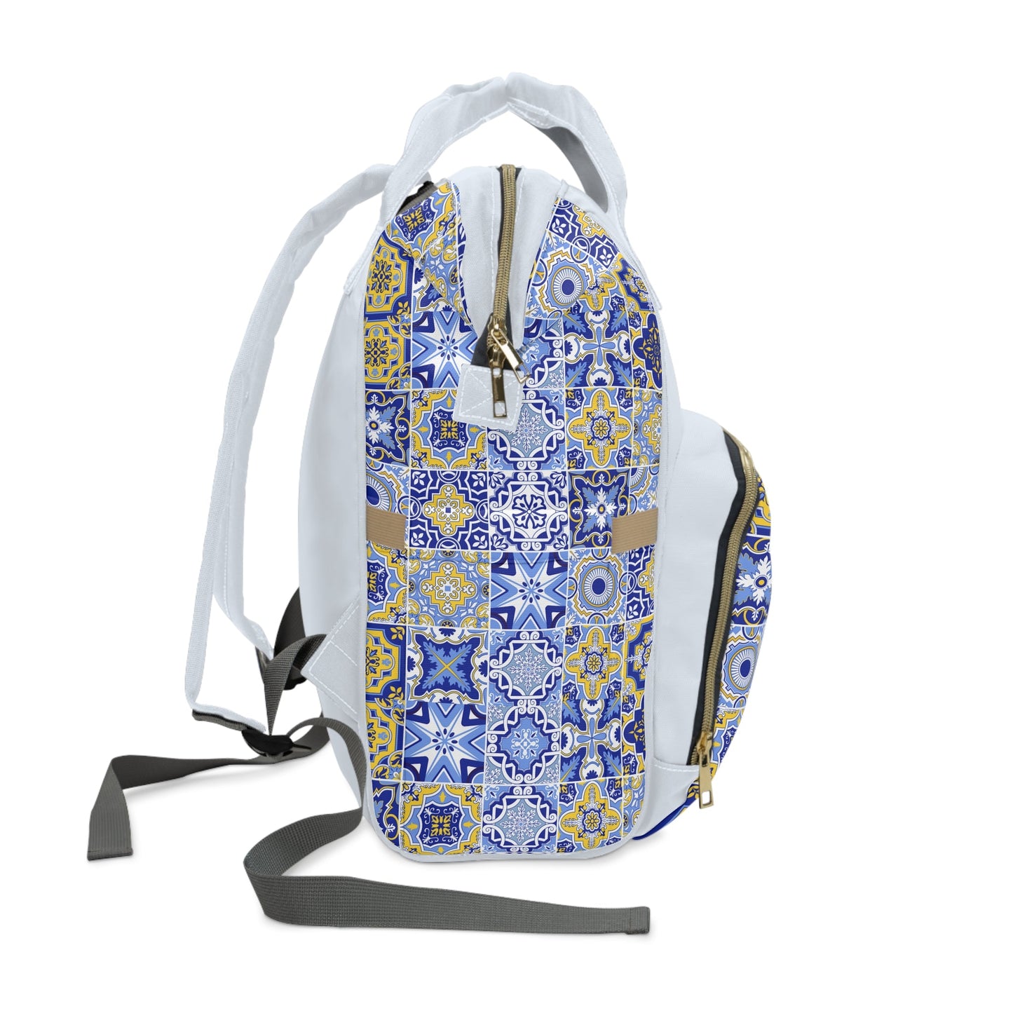 Personalized Blue Moroccan Tile Pattern Multifunctional Diaper Backpack, Newborn Gift, Baby Shower Gift, Patchwork Backpack