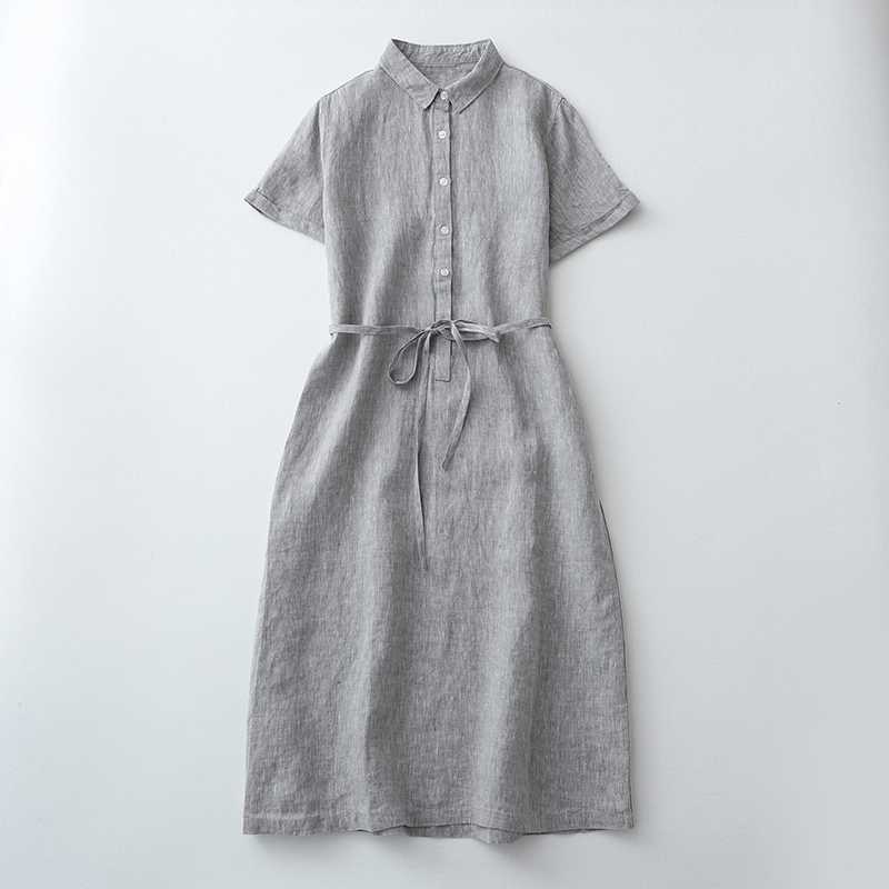 Linen Front Half-open Buckle Waist Lace-up Short Sleeve Dress