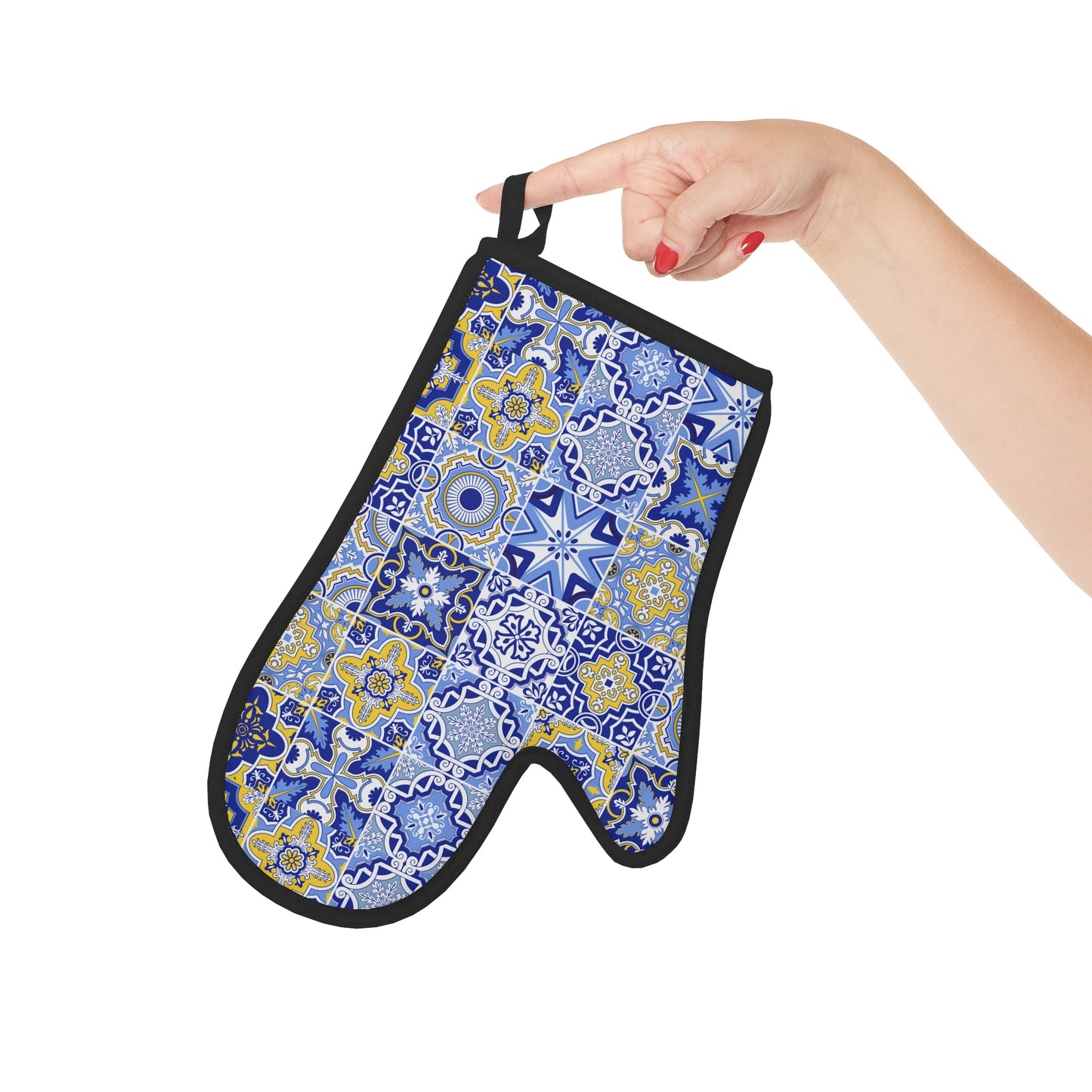 Blue and Yellow Moroccan Tile Oven Glove, Blue Patchwork Print Oven Glove, Moroccan Oven Glove