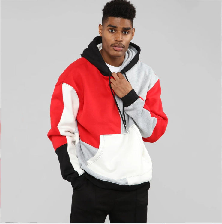 Multi Color Patchwork Loose Hooded Sweater Men's Hip Hop Coat