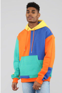 Multi Color Patchwork Loose Hooded Sweater Men's Hip Hop Coat