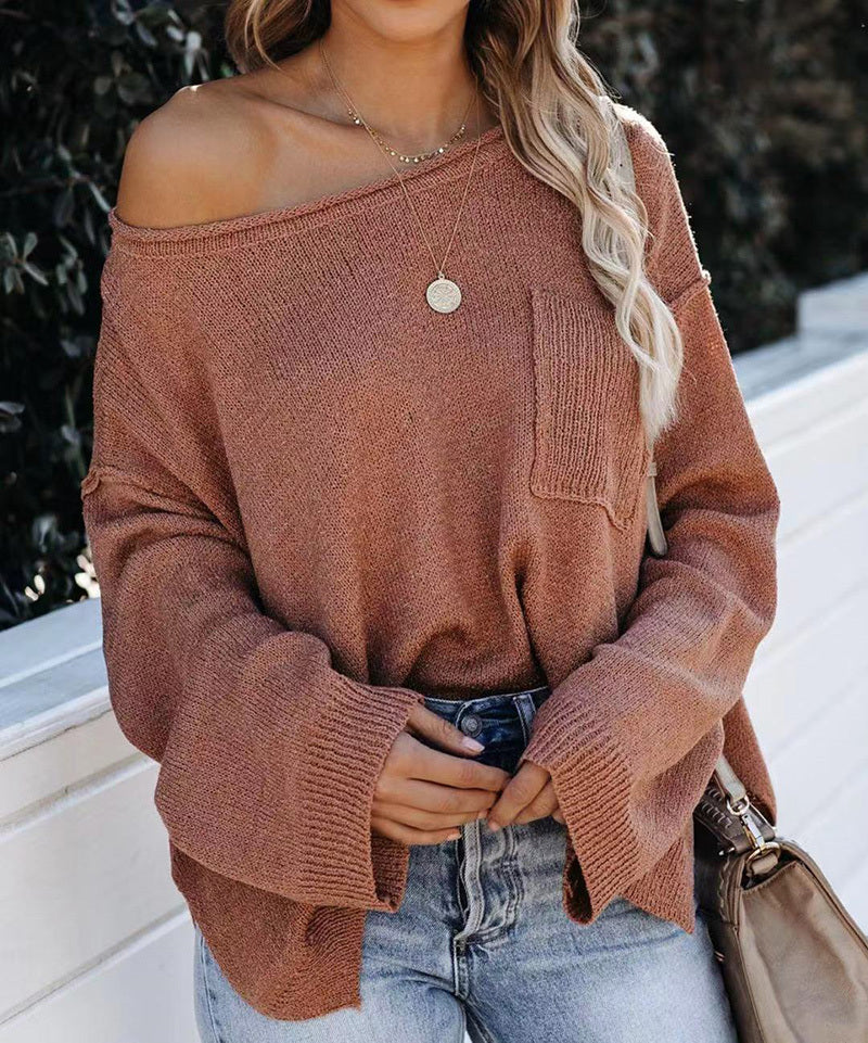 Round Neck Pocket Casual Women's Sweater