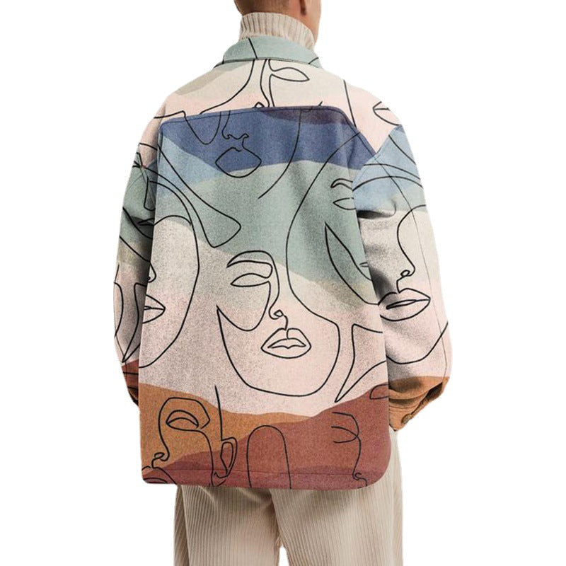 Abstract Line Art Lapel Printed Loose Men's Shirt Jacket