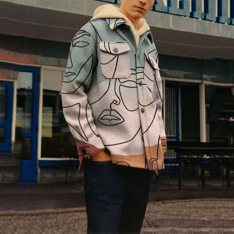 Abstract Line Art Lapel Printed Loose Men's Shirt Jacket