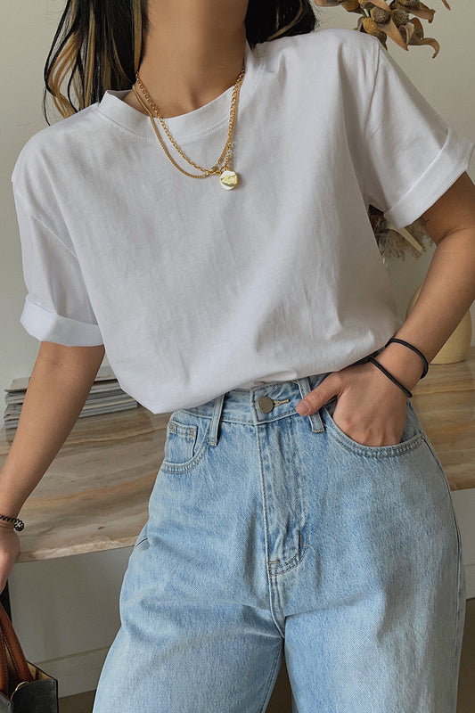 Cuffed Homemade Cotton Versatile Loose White T-shirt For Women