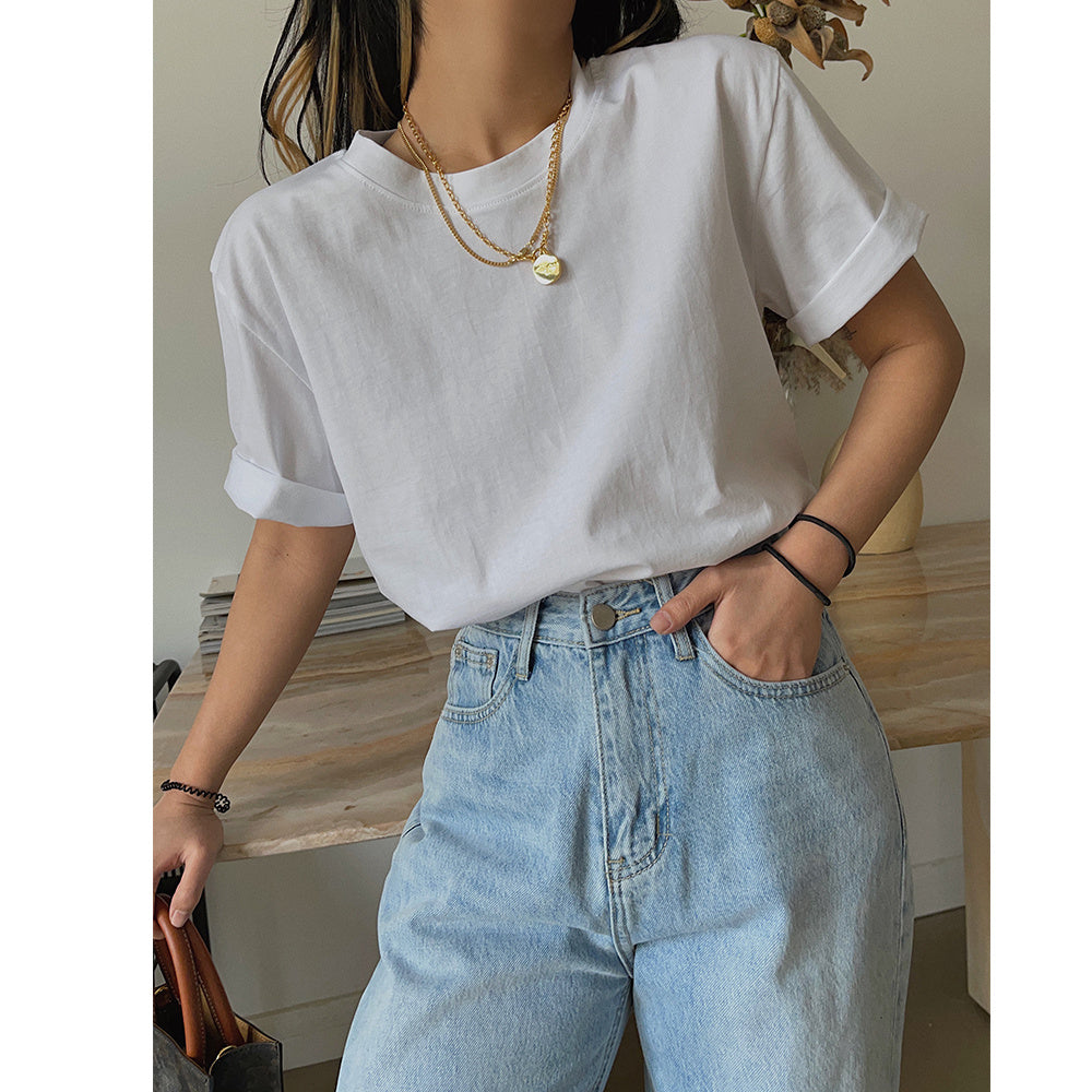 Cuffed Homemade Cotton Versatile Loose White T-shirt For Women