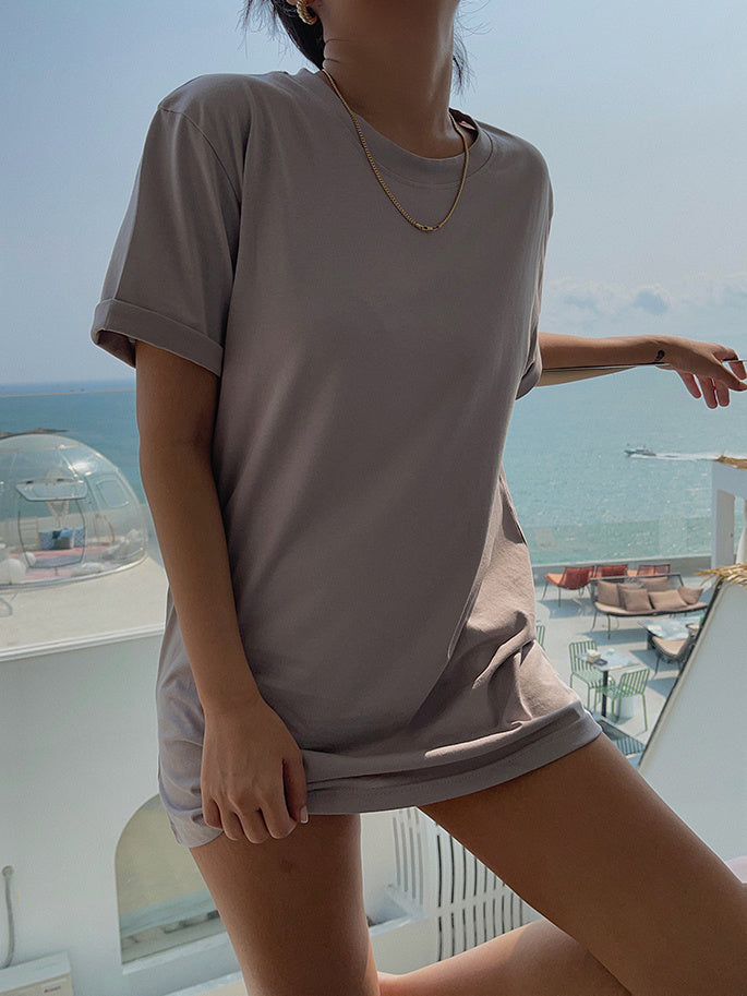 Cuffed Homemade Cotton Versatile Loose White T-shirt For Women