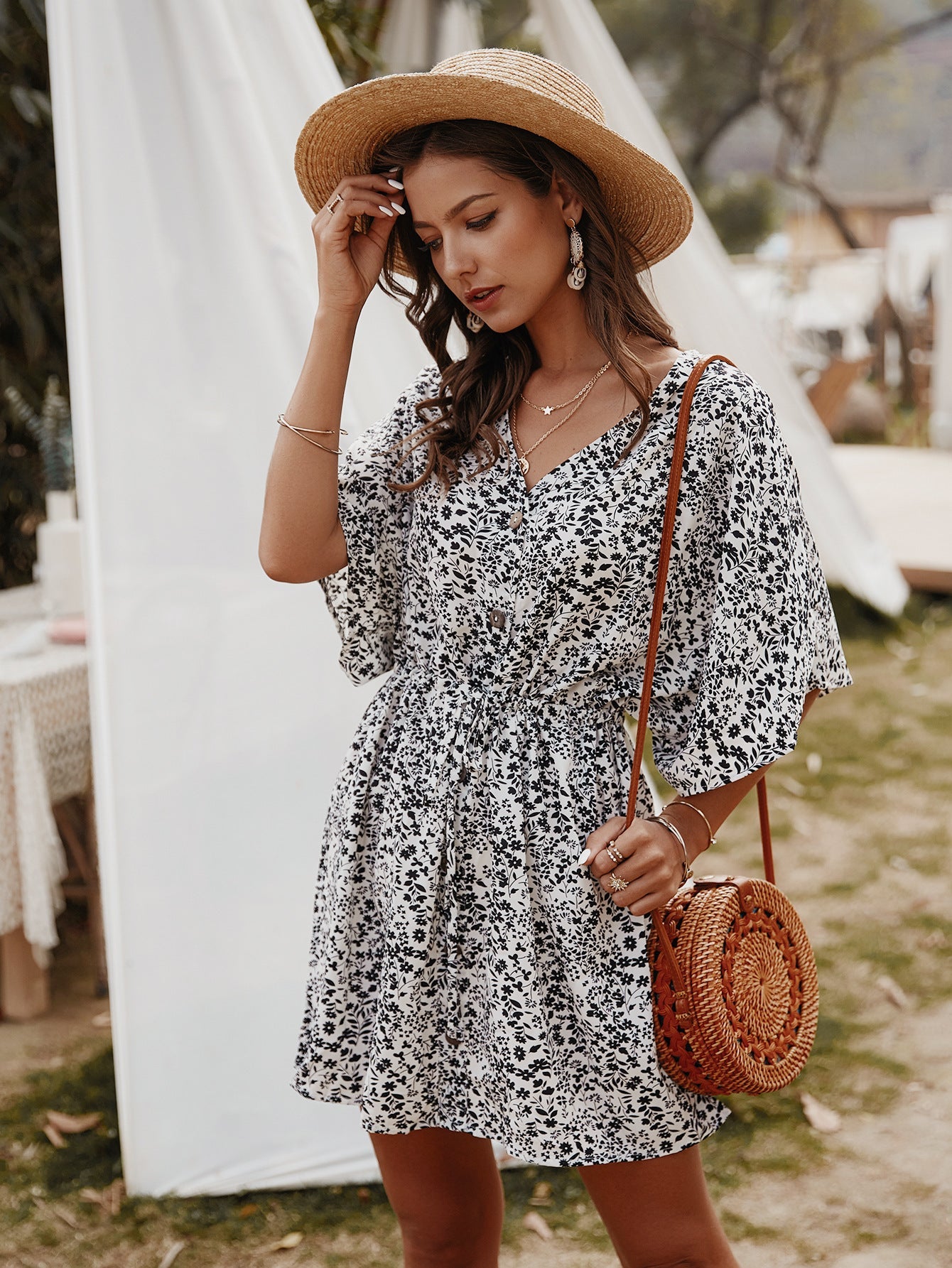 Floral Mid-Sleeve Spring Dress