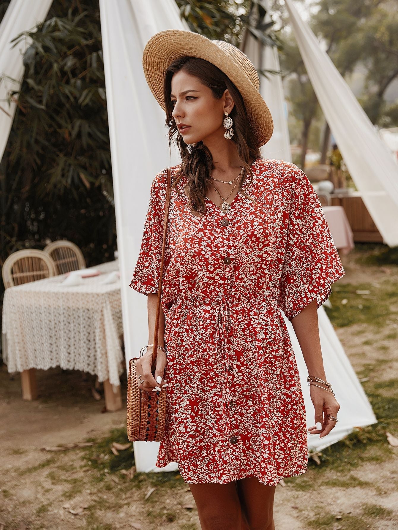 Floral Mid-Sleeve Spring Dress