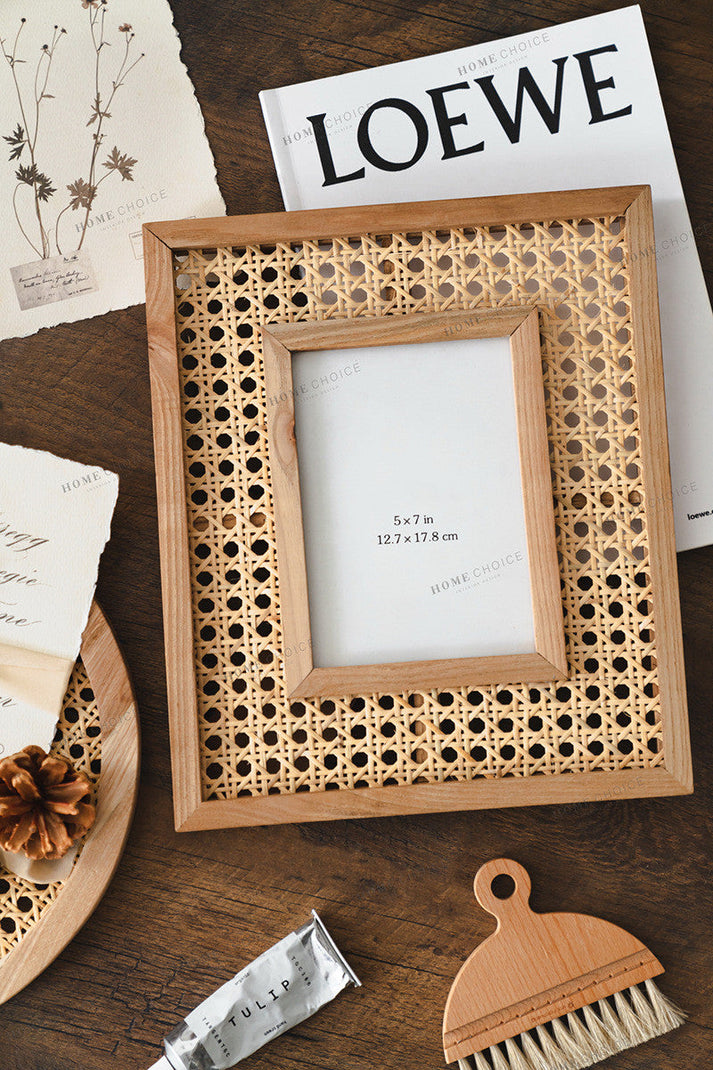 Rectangular Solid Wood Rattan Photo Frame Desktop Decoration – Ioaao