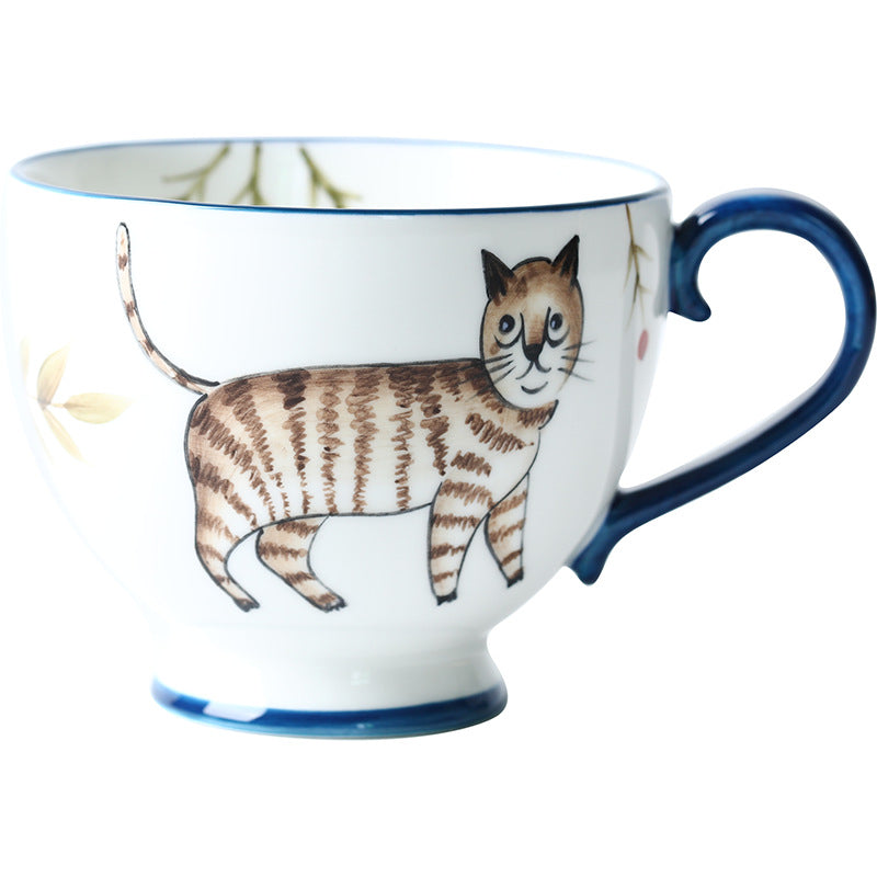 Retro Hand-painted Ceramic Mug Coffee Cup Afternoon Tea Cup Household Flower Tea Cup Hand-Painted Forest Animal Cup