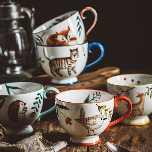 Retro Hand-painted Ceramic Mug Coffee Cup Afternoon Tea Cup Household Flower Tea Cup Hand-Painted Forest Animal Cup