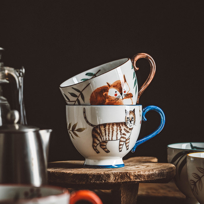 Retro Hand-painted Ceramic Mug Coffee Cup Afternoon Tea Cup Household Flower Tea Cup Hand-Painted Forest Animal Cup