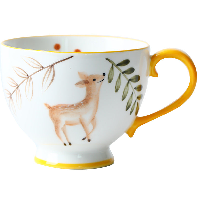 Retro Hand-painted Ceramic Mug Coffee Cup Afternoon Tea Cup Household Flower Tea Cup Hand-Painted Forest Animal Cup