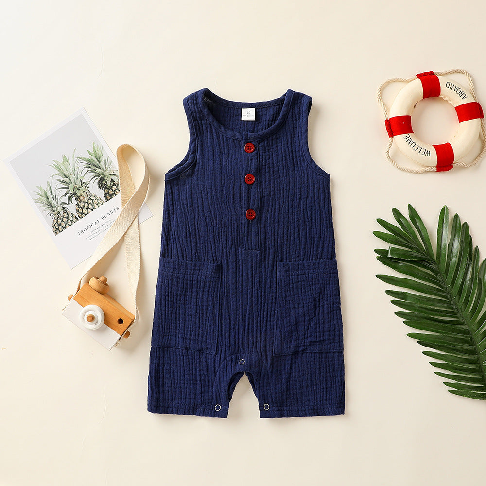 Baby Cotton And Linen Patch Pocket Short Romper Sleeveless Romper