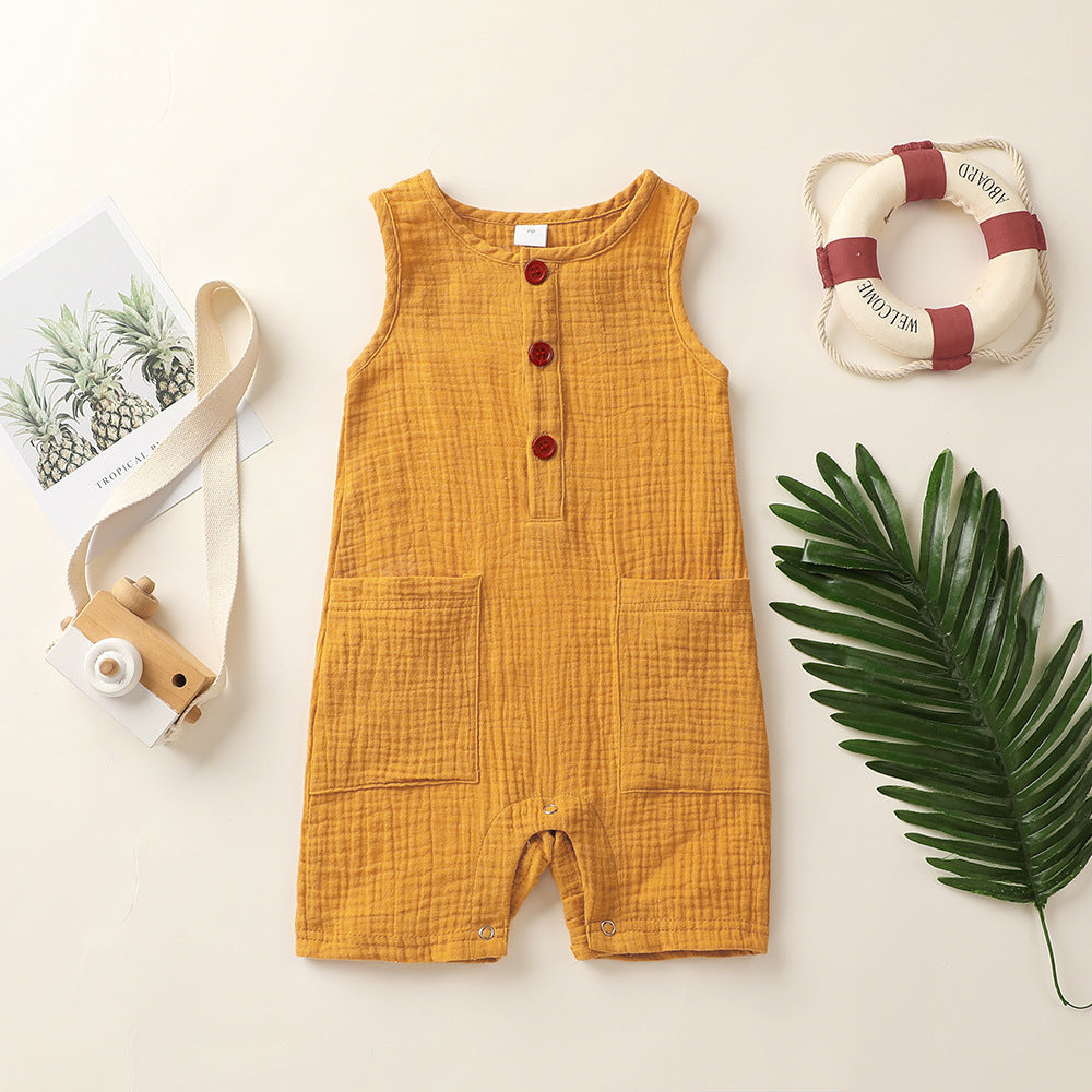 Baby Cotton And Linen Patch Pocket Short Romper Sleeveless Romper