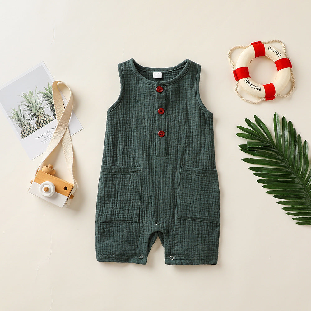 Baby Cotton And Linen Patch Pocket Short Romper Sleeveless Romper