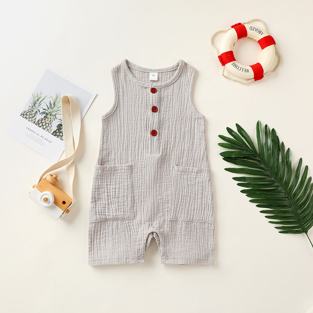 Baby Cotton And Linen Patch Pocket Short Romper Sleeveless Romper