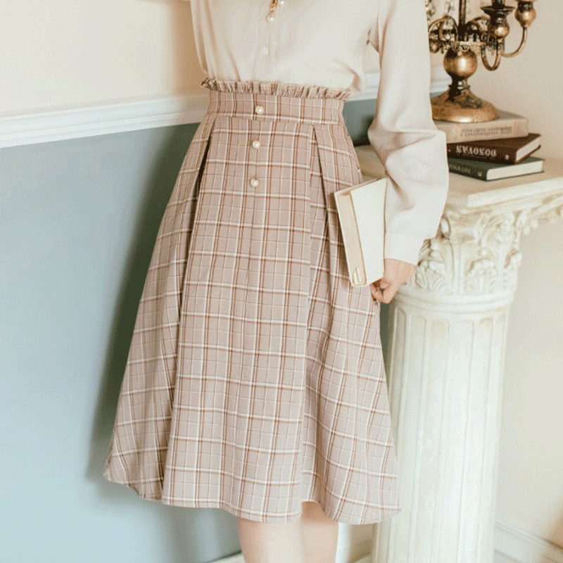 Milk Tea Plaid Skirt Mid-length High-waist Pleated Skirt Literature And Art Retro A-Line Skirt