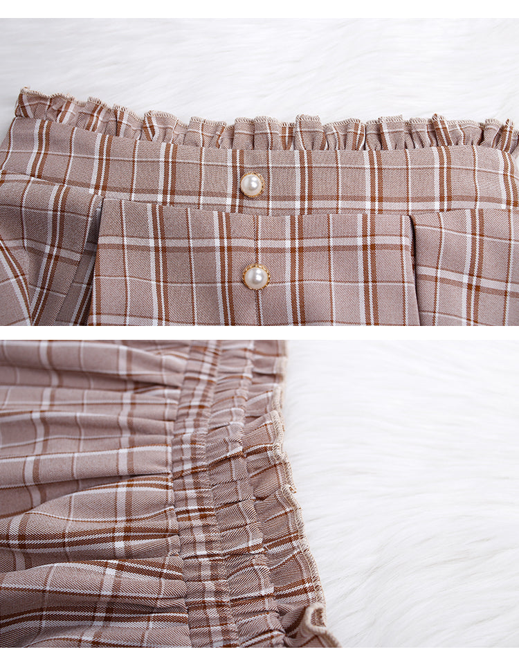 Milk Tea Plaid Skirt Mid-length High-waist Pleated Skirt Literature And Art Retro A-Line Skirt