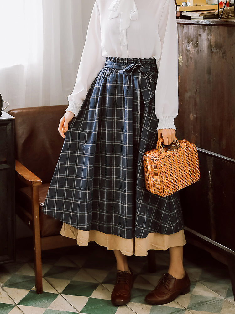 Plaid Super Long Skirt Cotton And Linen Skirt Sen High Waist Was Thin Literary Retro A-line Spring And Summer Female Umbrella Skirt