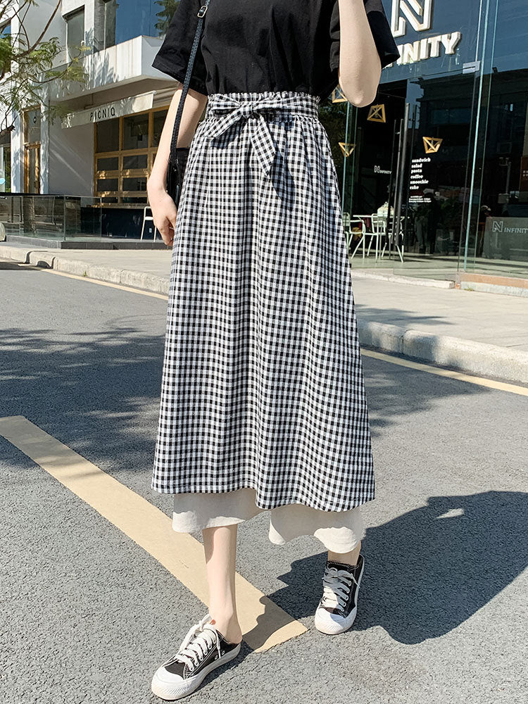 Plaid Super Long Skirt Cotton And Linen Skirt Sen High Waist Was Thin Literary Retro A-line Spring And Summer Female Umbrella Skirt