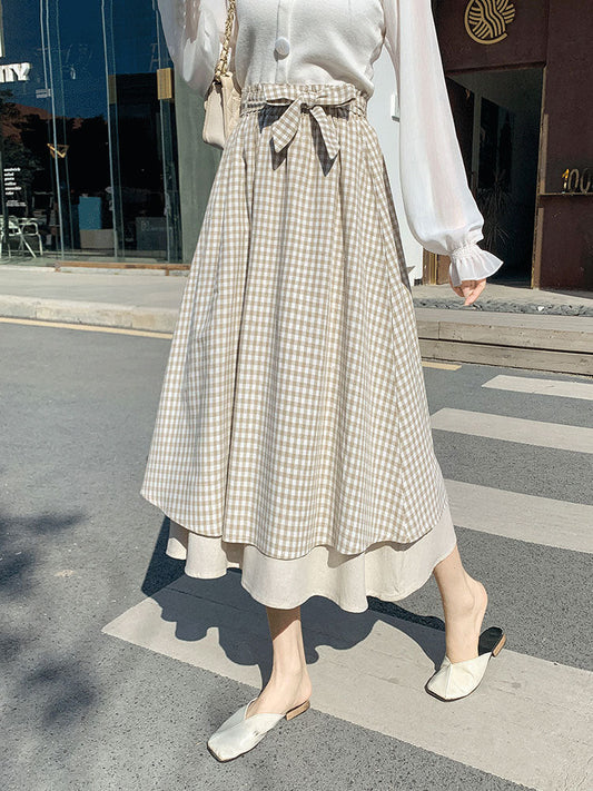 Plaid Super Long Skirt Cotton And Linen Skirt Sen High Waist Was Thin Literary Retro A-line Spring And Summer Female Umbrella Skirt