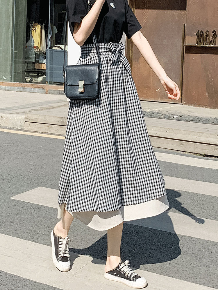 Plaid Super Long Skirt Cotton And Linen Skirt Sen High Waist Was Thin Literary Retro A-line Spring And Summer Female Umbrella Skirt