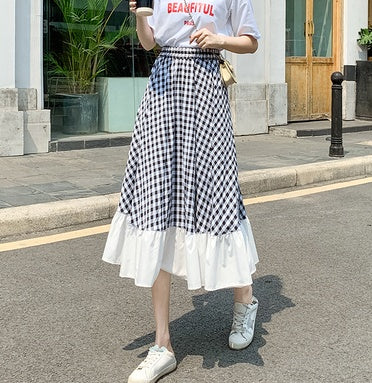 Plaid Super Long Skirt Cotton And Linen Skirt Sen High Waist Was Thin Literary Retro A-line Spring And Summer Female Umbrella Skirt