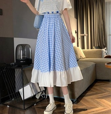 Plaid Super Long Skirt Cotton And Linen Skirt Sen High Waist Was Thin Literary Retro A-line Spring And Summer Female Umbrella Skirt