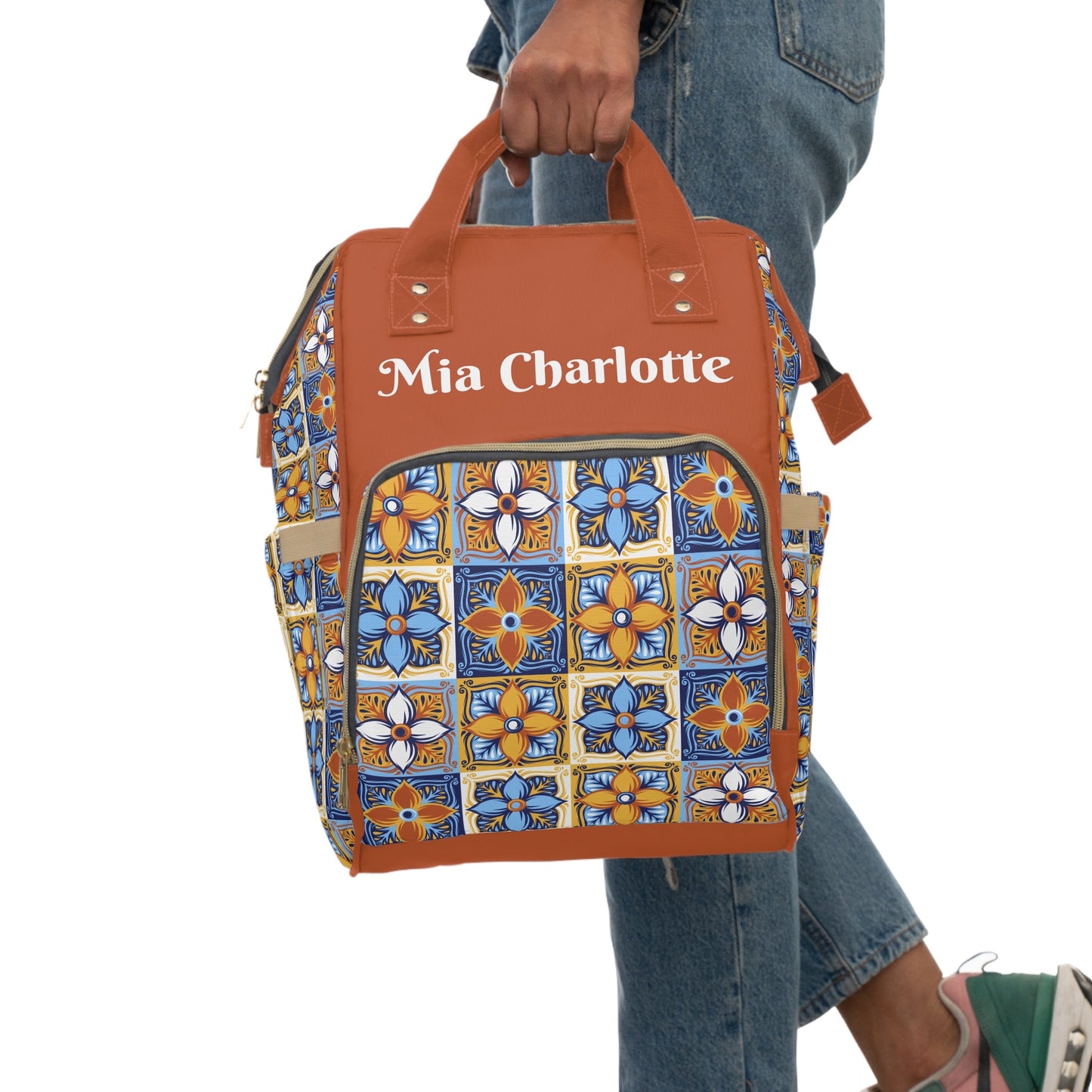 Personalized Italian Tile Multifunctional Diaper Backpack, Newborn Gift, Baby Shower Gift, Patchwork Print Backpack, Colorful