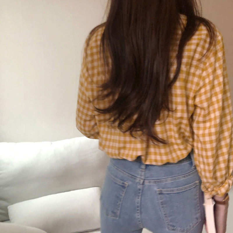 Girl Yellow Gingham Versatile Fashion Simple Loose Plaid Single Breasted Shirt